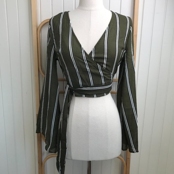 House of Sienna Tops - House of Sienna BNWT | Size 8 | Olive Green Long Sleeve Cropped Wrap Striped Top